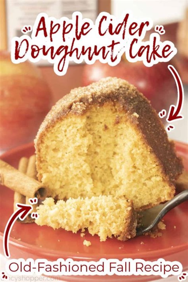 Apple Cider Donut Cake covered in cinnamon sugar on a round white plate.